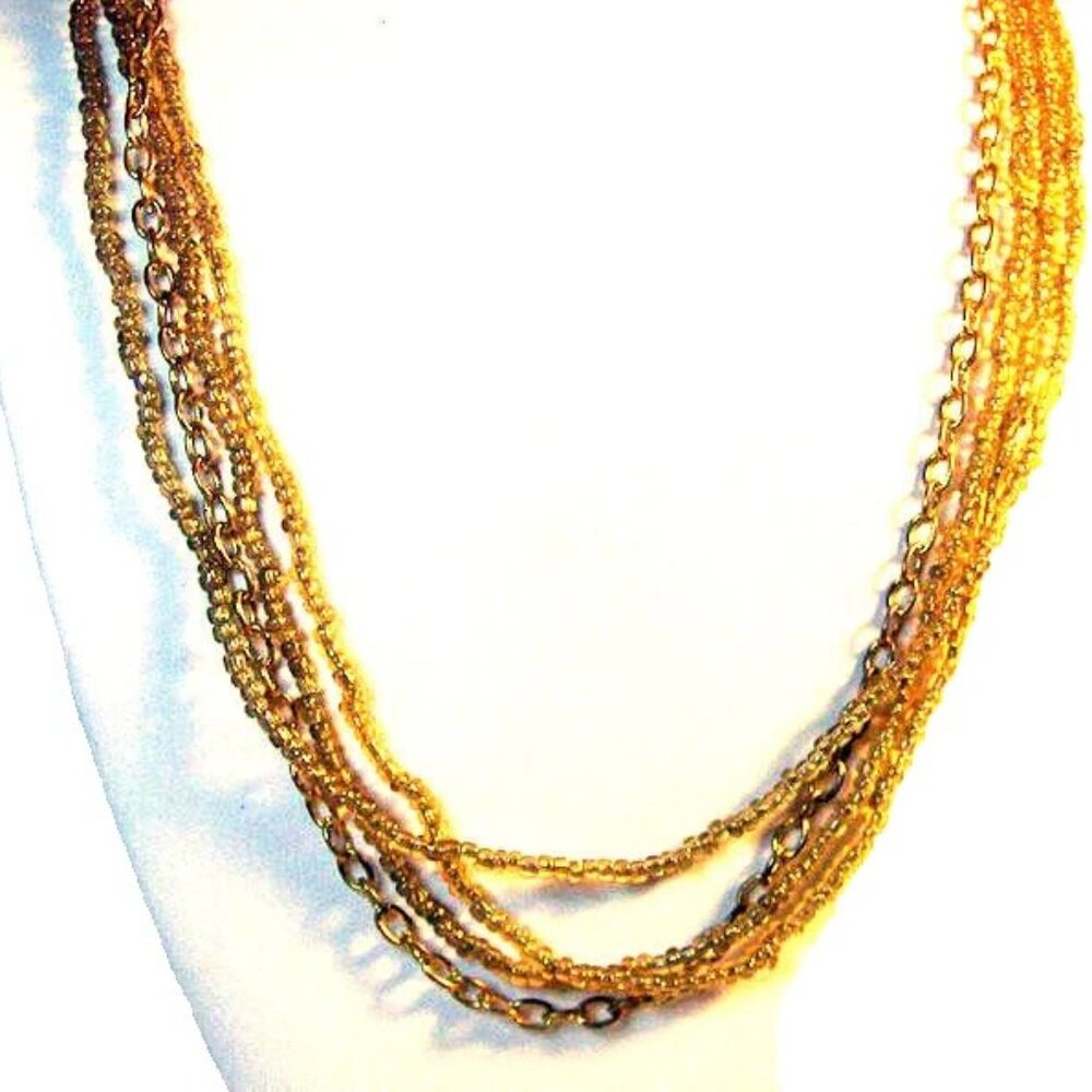 Vintage Gold Tone Multi Strand Necklace Glass Seed Bead Chain Layered 20”